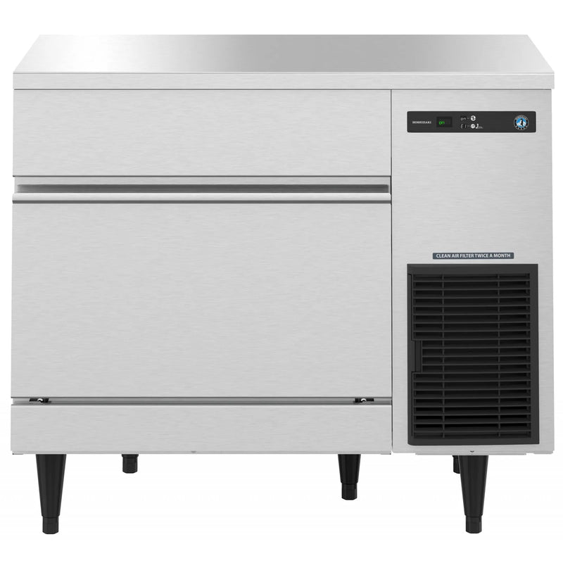 Hoshizaki IM-200BAC cube ice machine in stainless steel with front bin door and black vent, front view on legs