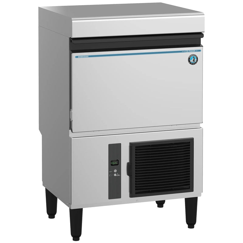 Hoshizaki IM-50BAA-Q sphere ice machine in stainless steel with front door and black vent, angled front view