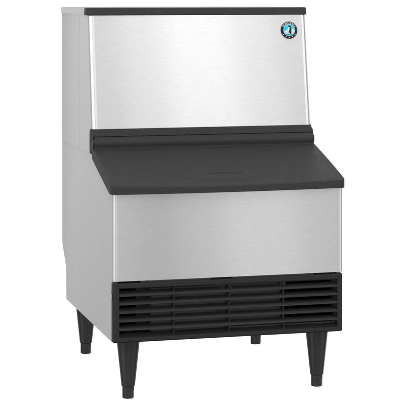 Hoshizaki KM-231BAK under counter crescent ice machine in stainless steel with black bin door, angled front view