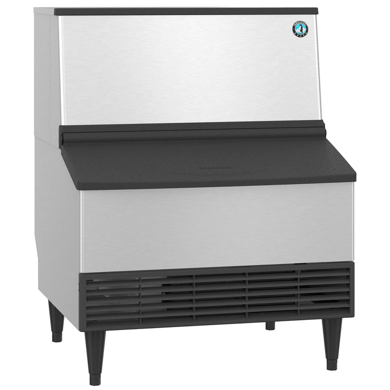 Hoshizaki KM-301BAK under counter crescent ice machine in stainless steel with black bin door, angled front view