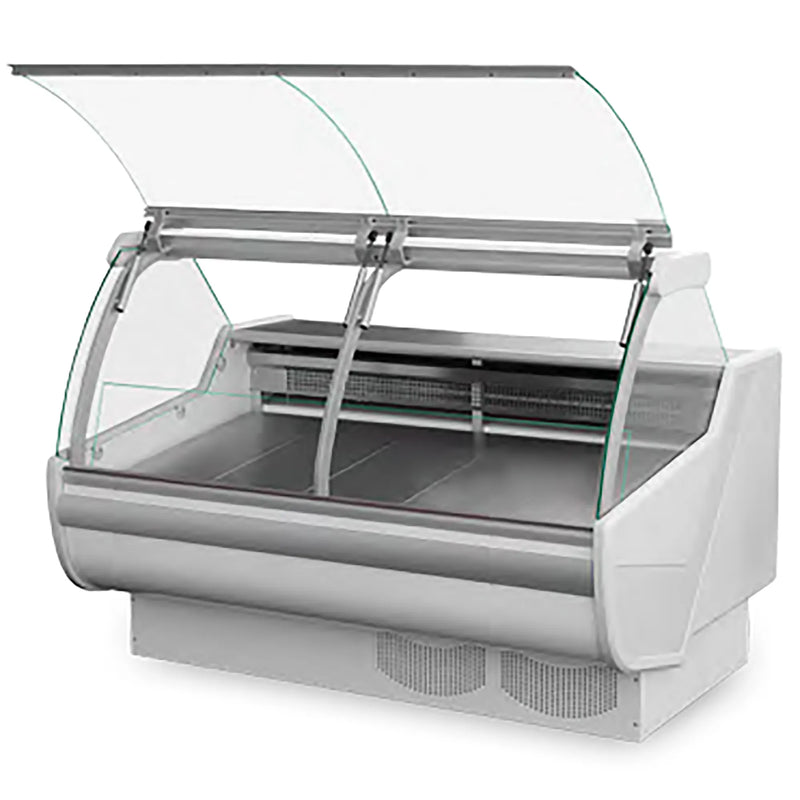 IGLOO SANTIAGO Series curved glass refrigerated fish display case in white with lift-up front glass open