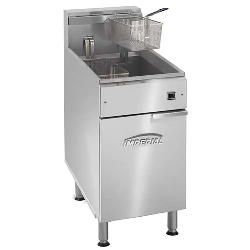 Imperial IFS-75-E 208V 75 lb electric floor fryer in stainless steel with fry basket and cabinet door, angled view
