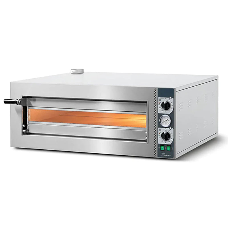 Italiana Food Tech CP430 electric 24-inch Compact Pro single deck pizza oven in stainless steel, angled front view