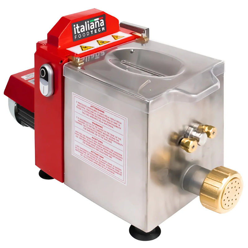 Italiana Food Tech IPE-10 countertop pasta extruder with red housing, stainless steel hopper and brass die