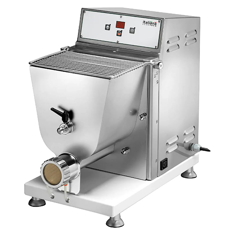 Italiana Food Tech IPE28 countertop pasta extruder in stainless steel with digital control panel, angled view