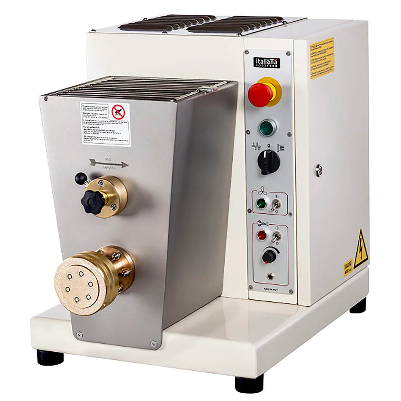 Italiana Food Tech IPE30 countertop pasta extruder in white and stainless steel with brass die and side controls