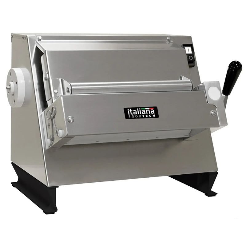 Italiana Food Tech IPS-T300 countertop 12-inch pasta sheeter in stainless steel with side crank lever, angled view