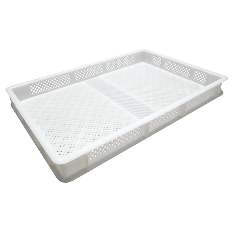 Italiana Food Tech P-6407/PA European pasta container, white perforated stackable plastic tray, angled top view