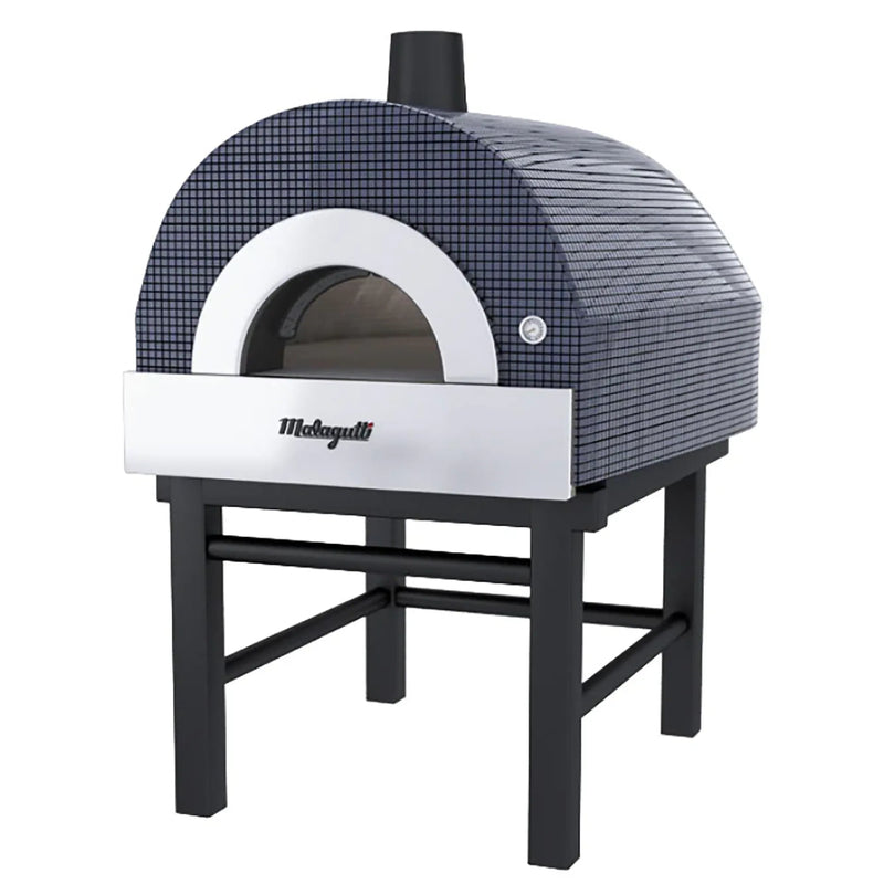 Italiana Food Tech ROMA-STAT static pizza oven with round blue-black mosaic tile dome on a black metal stand