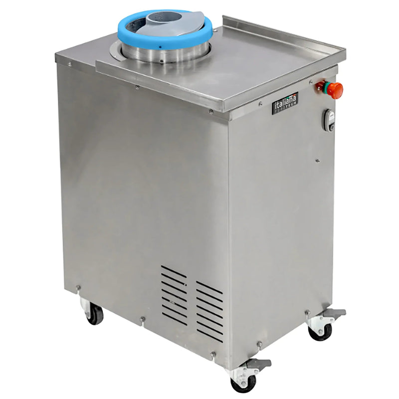 Italiana Food Tech Roundi 11 stainless steel dough rounder on casters with blue top ring, angled front view