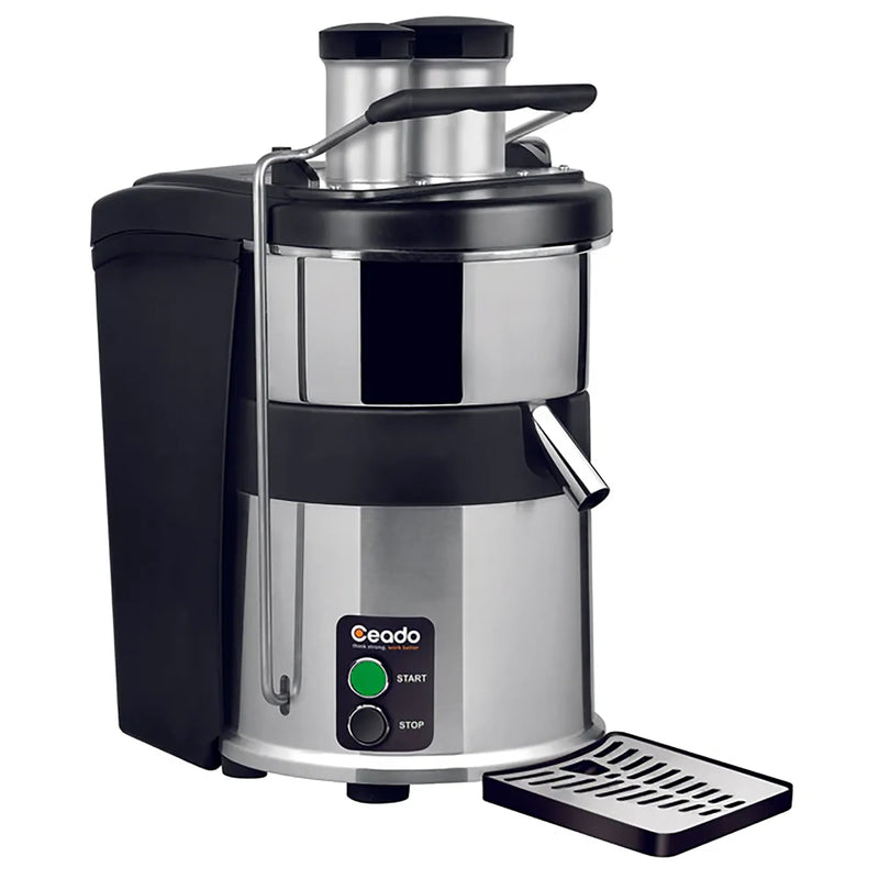Juicernet ES700 Ceado fruit and vegetable juicer in black and polished stainless steel with pulp spout and drip tray