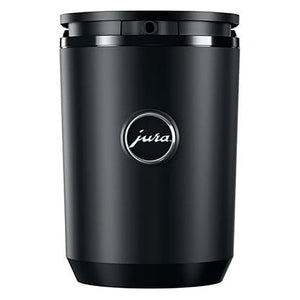 Jura Cool Control 0.6L milk cooler in black with chrome trim and Jura logo, front view with the lid closed