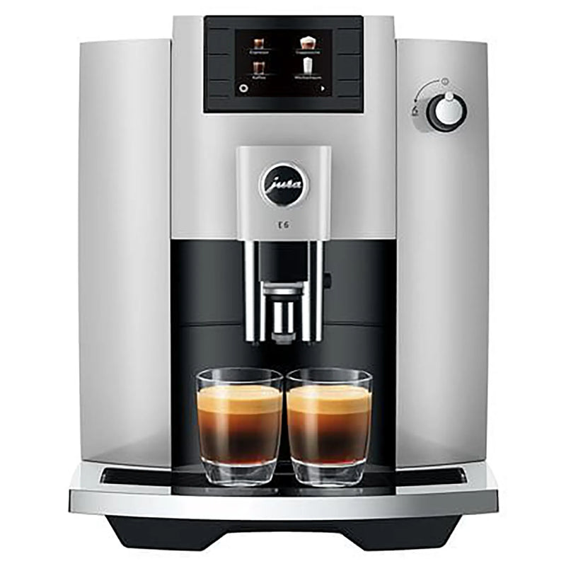 Jura E6 residential automatic coffee machine in platinum with colour display, front view brewing two espressos