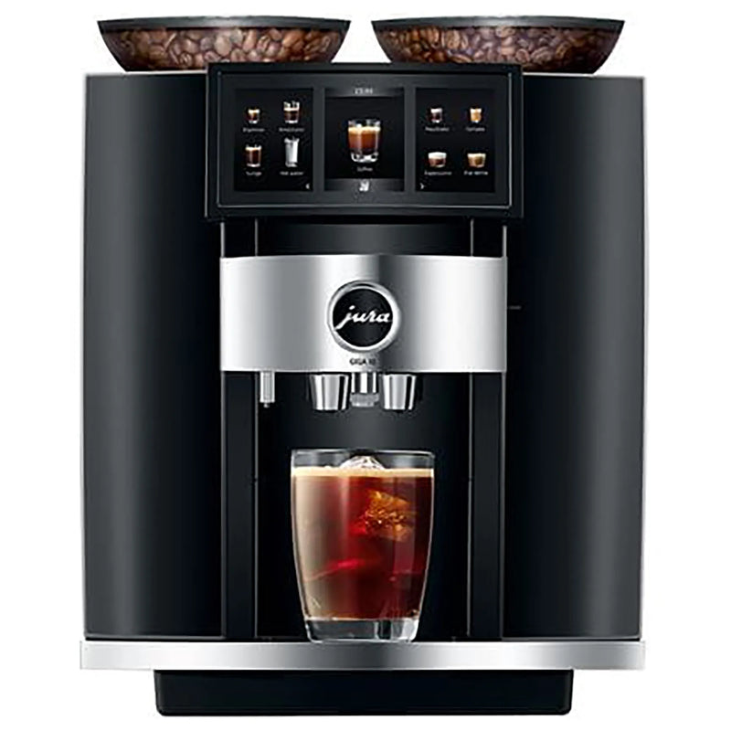 Jura GIGA 10 residential automatic coffee machine in black with twin bean hoppers, front view with an iced coffee