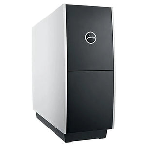 Jura Hot Cup Warmer in white and black with Jura logo on the door, angled front view with door closed