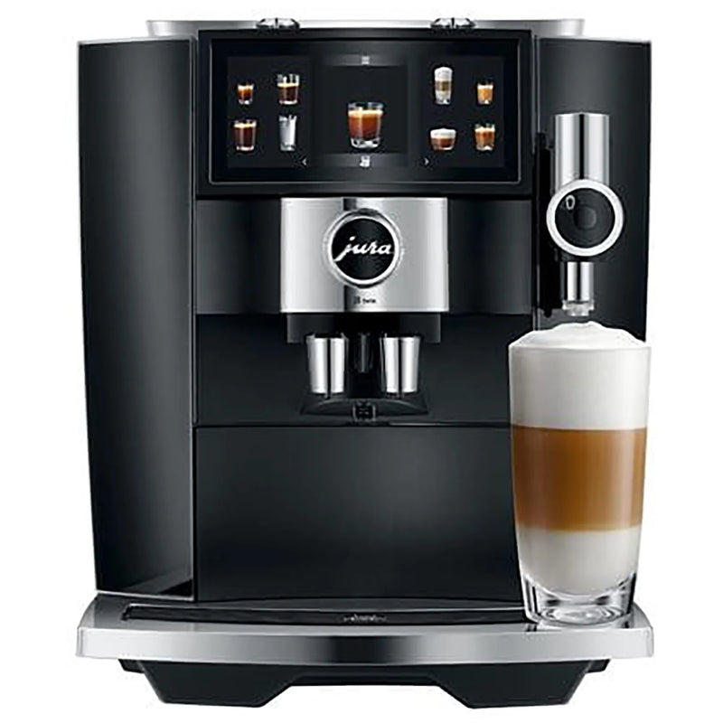Jura J8 twin residential automatic coffee machine in black, front view with a latte macchiato in a tall glass
