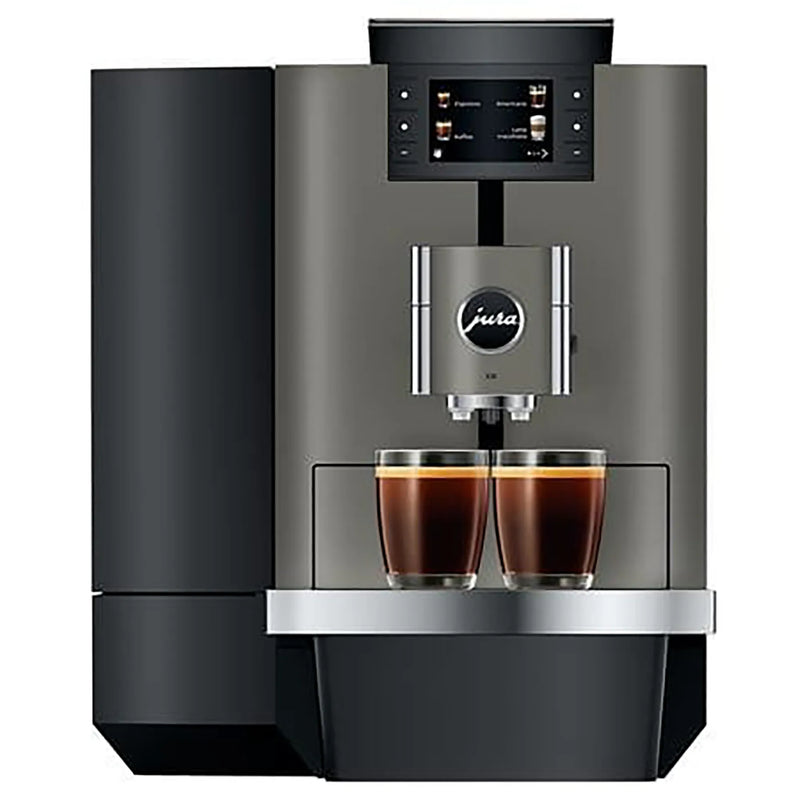 Jura X10 commercial automatic coffee machine in dark inox with touchscreen, front view with two coffees