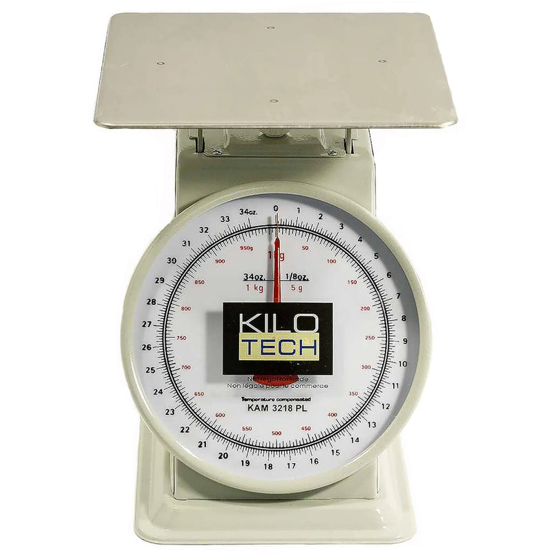 Kilotech KAM Series mechanical dial portioning scale, cream body with square stainless platform, front view