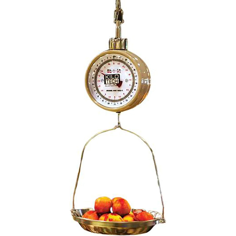 Kilotech KHS 1022 (K852410) grocery hanging scale with round dial and stainless basket holding peaches