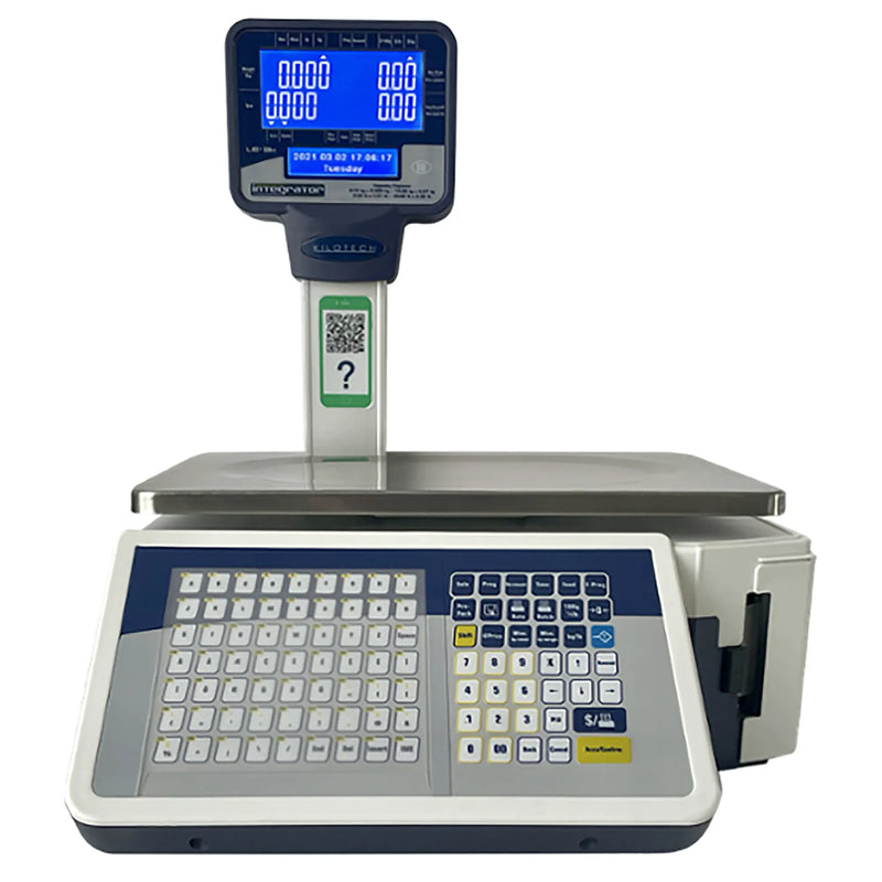 Kilotech LE.3K price computing scale with built-in printer, front view of keypad, weighing platter and pole display