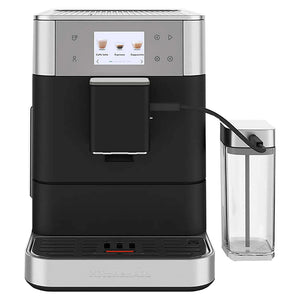 KitchenAid KES8557BK fully automatic espresso machine in black with touchscreen and milk container, front