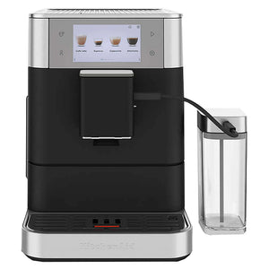 KitchenAid KES8558BK fully automatic espresso machine in black with touchscreen and milk container, front