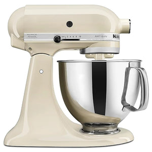 KitchenAid KSM150PSAC Artisan 5 quart tilt-head stand mixer in almond cream with stainless steel bowl, side view