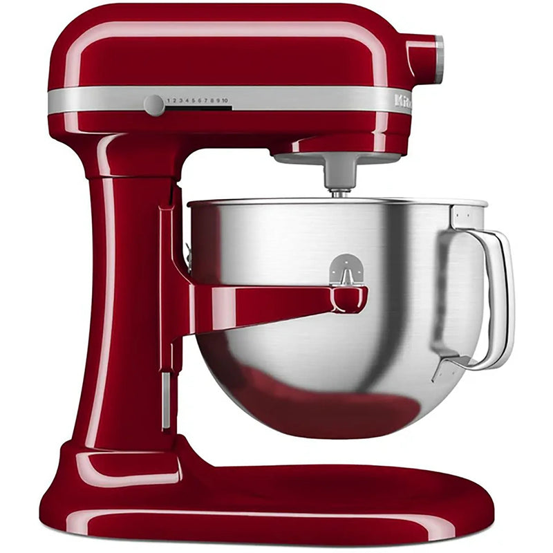 KitchenAid KSM70SNDXER 7 quart bowl-lift stand mixer in red with stainless steel bowl, side view