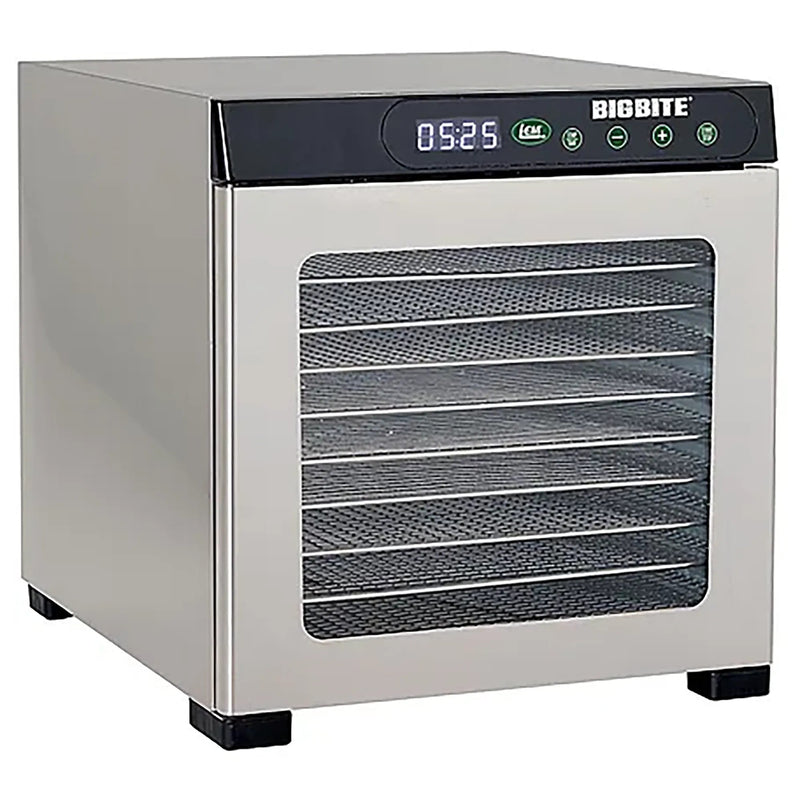 LEM 1731 BigBite 10-tray stainless steel dehydrator with glass door and digital display, angled front view