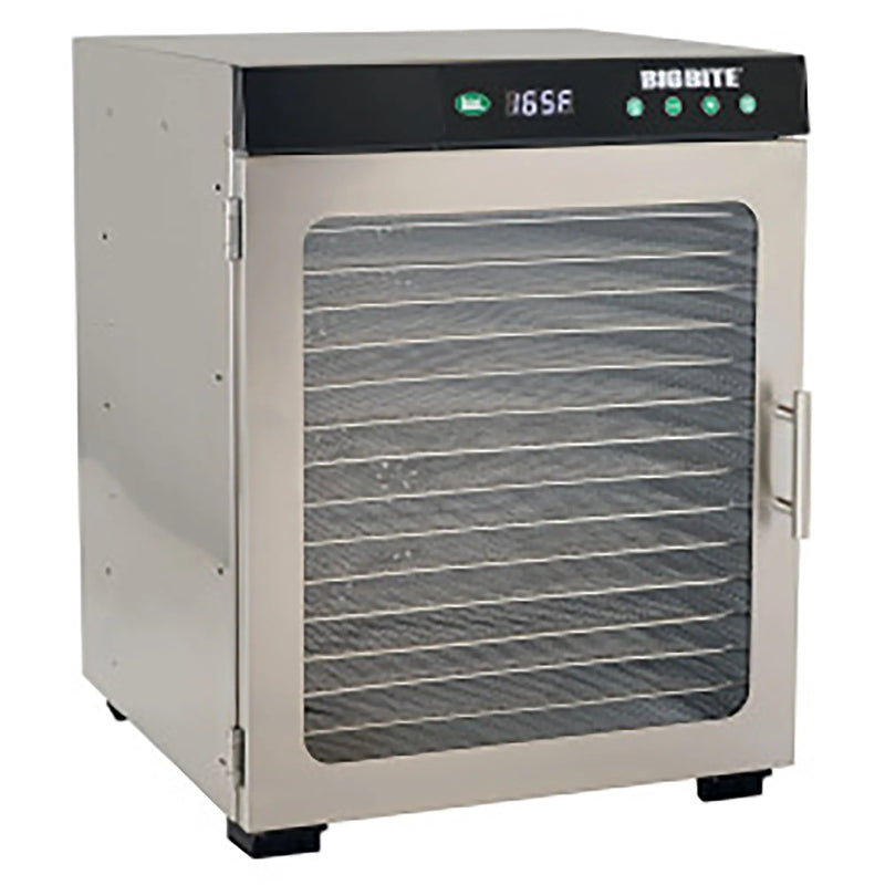 LEM 1732 BigBite 16-tray stainless steel dehydrator with glass door, handle and digital display, front angle