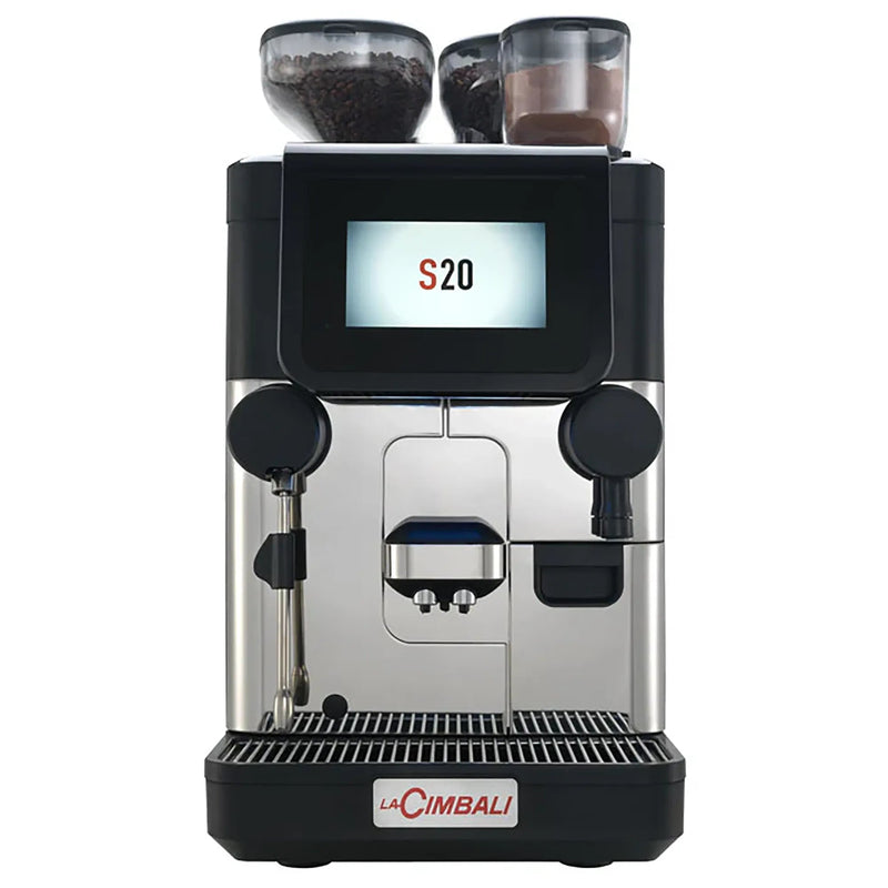 La Cimbali S20 CS10 automatic espresso machine with twin bean hoppers, touchscreen and steam wand, front view