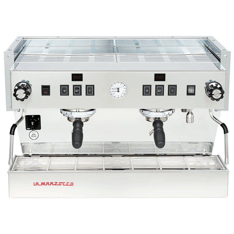 La Marzocco CLASSIC-S-AV-2-GR two group espresso machine, polished stainless steel body with portafilters, front view