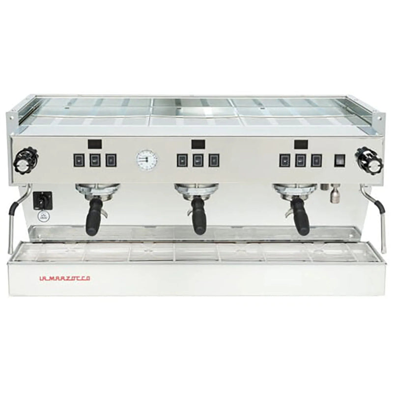 La Marzocco CLASSIC-S-AV-3-GR three group espresso machine, front view of stainless steel body with three portafilters