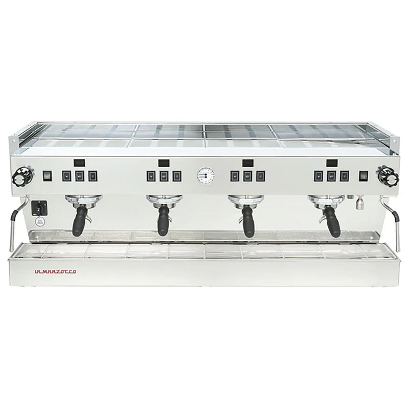La Marzocco CLASSIC-S-AV-4-GR four group espresso machine, front view of the stainless steel body with four group heads
