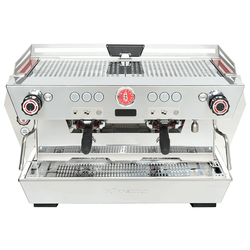 La Marzocco KB90-AV-2-GR two group espresso machine, front view of the stainless steel body with red accent controls