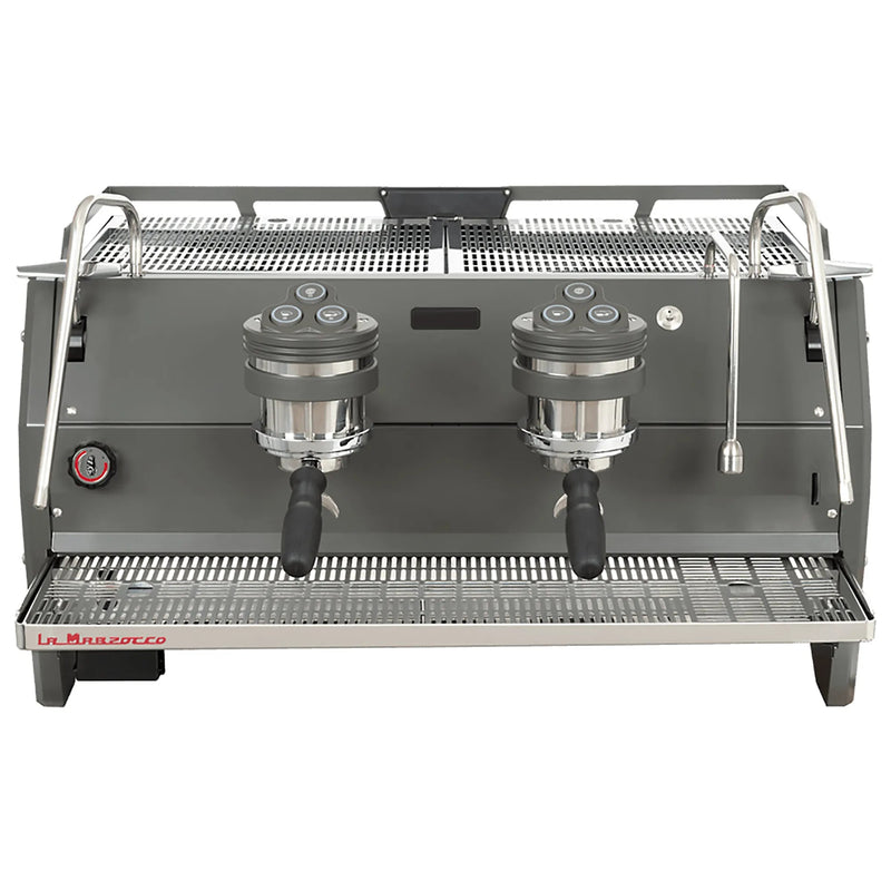 La Marzocco STRADA-S-AV-2-GR two group espresso machine, front view of the grey body with exposed group heads
