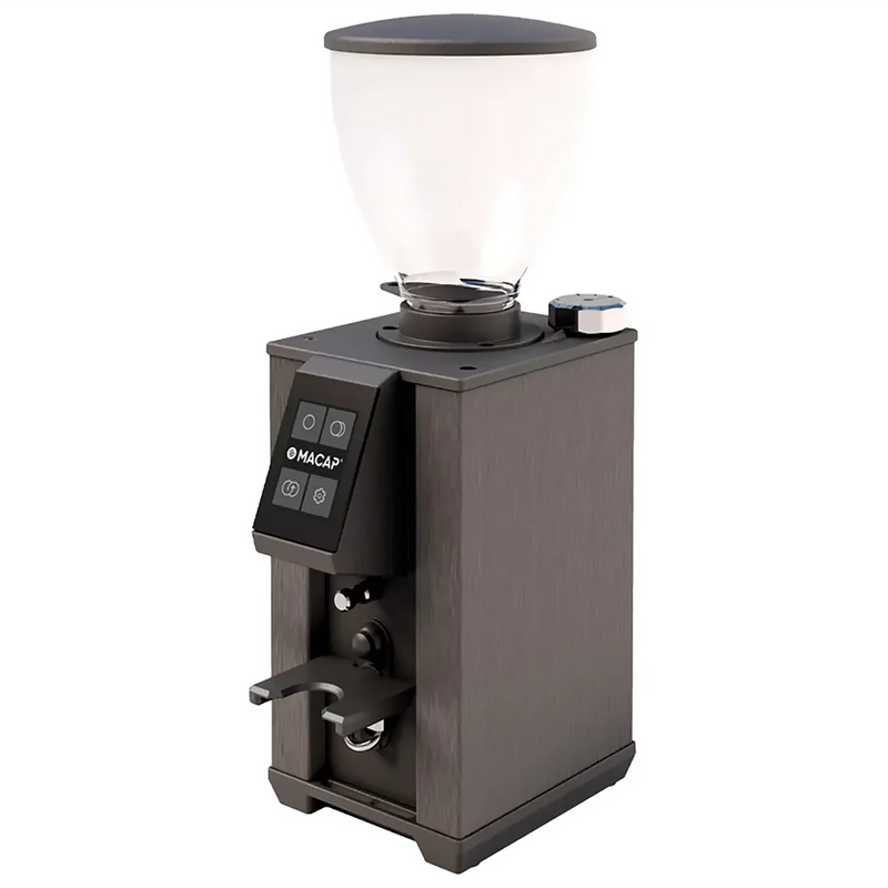 MACAP LEO 55 Essential coffee grinder in black with 300g hopper, small display, and portafilter fork, front view