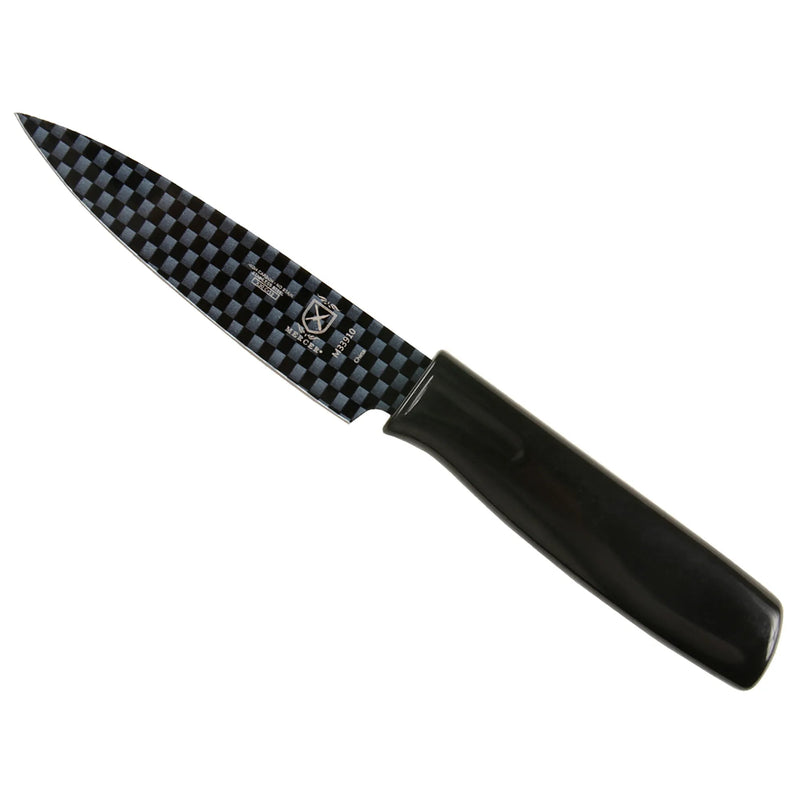 Mercer Culinary 4-inch paring knife with black patterned non-stick coated blade and matching black handle