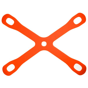 Mercer Culinary Board Buddy cutting board holder in orange, X-shaped silicone grip that keeps boards from sliding