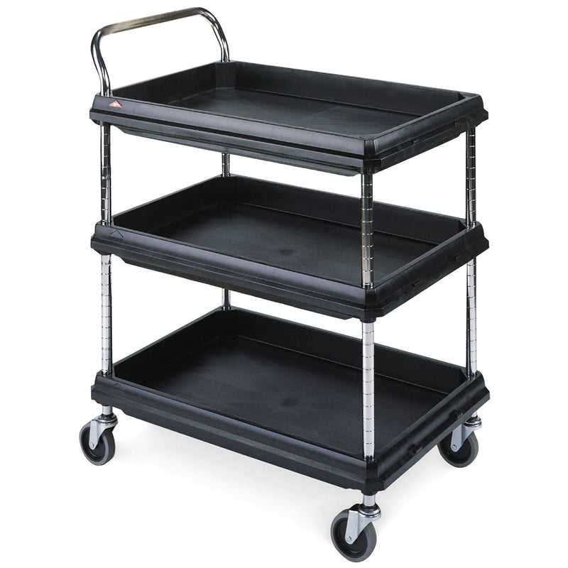 Metro BC2030-3DBL black plastic deep ledge utility cart with three shelves, chrome posts and swivel casters, angled view