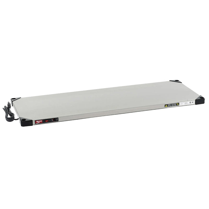 Metro HS1848 countertop 48-inch heated shelf in stainless steel with power cord and control box, angled side view