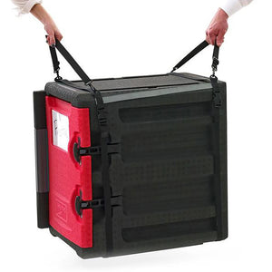 Metro MLS1 adjustable carrying strap in black, shown lifting a red and black insulated food carrier by two handles