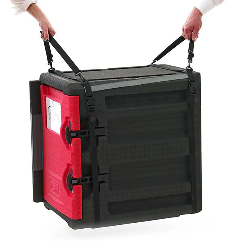 Metro MLS1 adjustable carrying strap in black, shown lifting a red and black insulated food carrier by two handles
