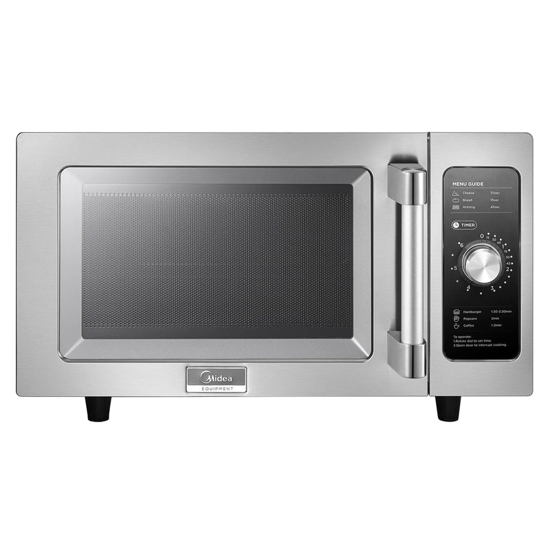 Midea 1025F0A commercial dial timer microwave, 1000W, stainless steel with glass door window and dial control