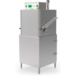 Moyer Diebel NEXUS DHT high-temp hood type pass through dishwasher in stainless steel with lift handle, angled view