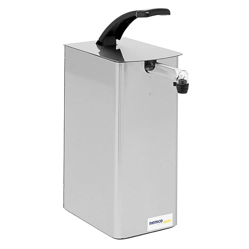 Nemco 10961 single stainless steel countertop condiment dispenser with one black pump handle, angled front view