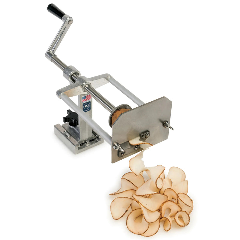 Nemco 55050AN-R Ribbon Fry Cutter, 1/16 inch hand crank cutter with a pile of ribbon cut potato fries