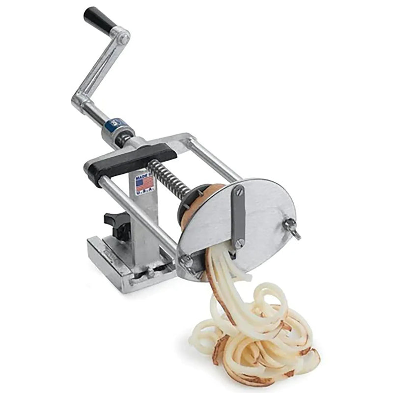 Nemco 55050AN Spiral Fry Cutter, 1/4 inch hand crank cutter mounted on a base with spiral cut potato fries