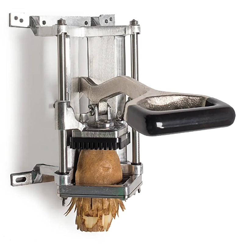 Nemco 55450 series Easy Fry Cutter, wall mounted aluminum model with lever handle cutting a whole potato