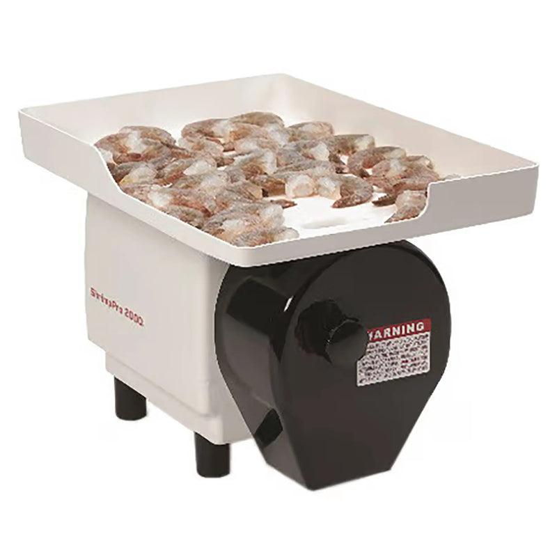 Nemco 55925 ShrimpPro 2000 120V power shrimp cutter and deveiner, white tray filled with shrimp on black motor